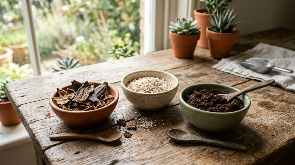 Ingredientes de adubo caseiro para suculentas na mesa: casca de banana seca, casca de ovo moída e borra de café
