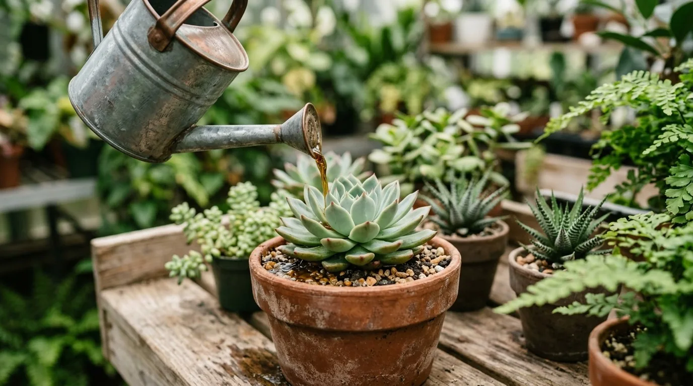 Regador pequeno aplicando adubo natural bem diluído numa suculenta em vaso