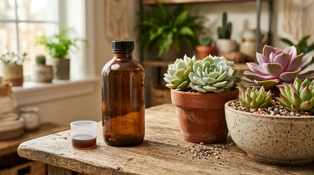 Frasco de adubo liquido para suculentas ao lado de vasos com echeverias na mesa