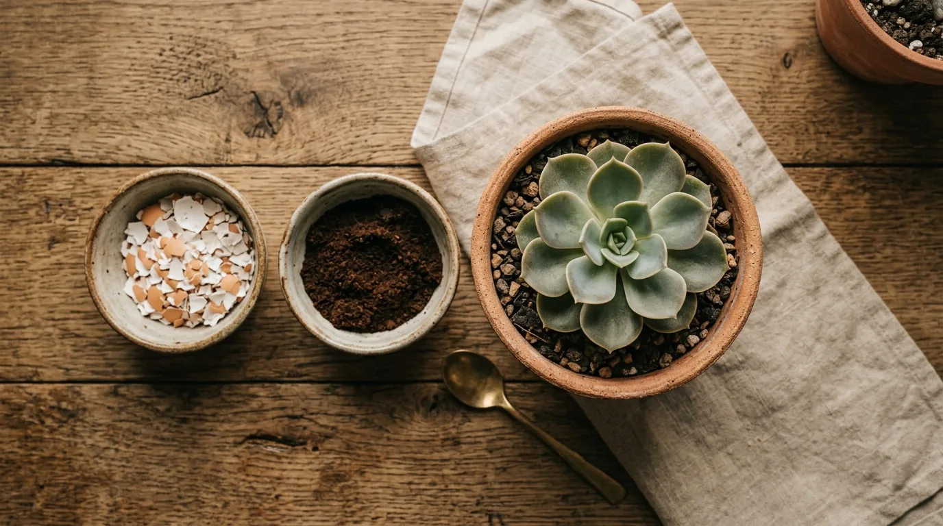 Ingredientes de adubo caseiro como casca de ovo e borra de cafe ao lado de suculenta