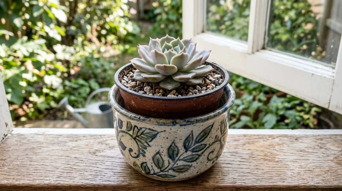 Vasinho de plástico com suculenta dentro de um cachepô decorativo, método dos dois vasos
