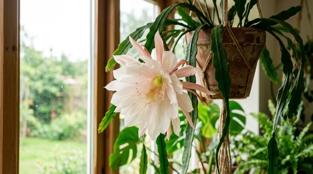 Cacto orquidea Epiphyllum florido com flor branca e rosa e caules pendentes na janela