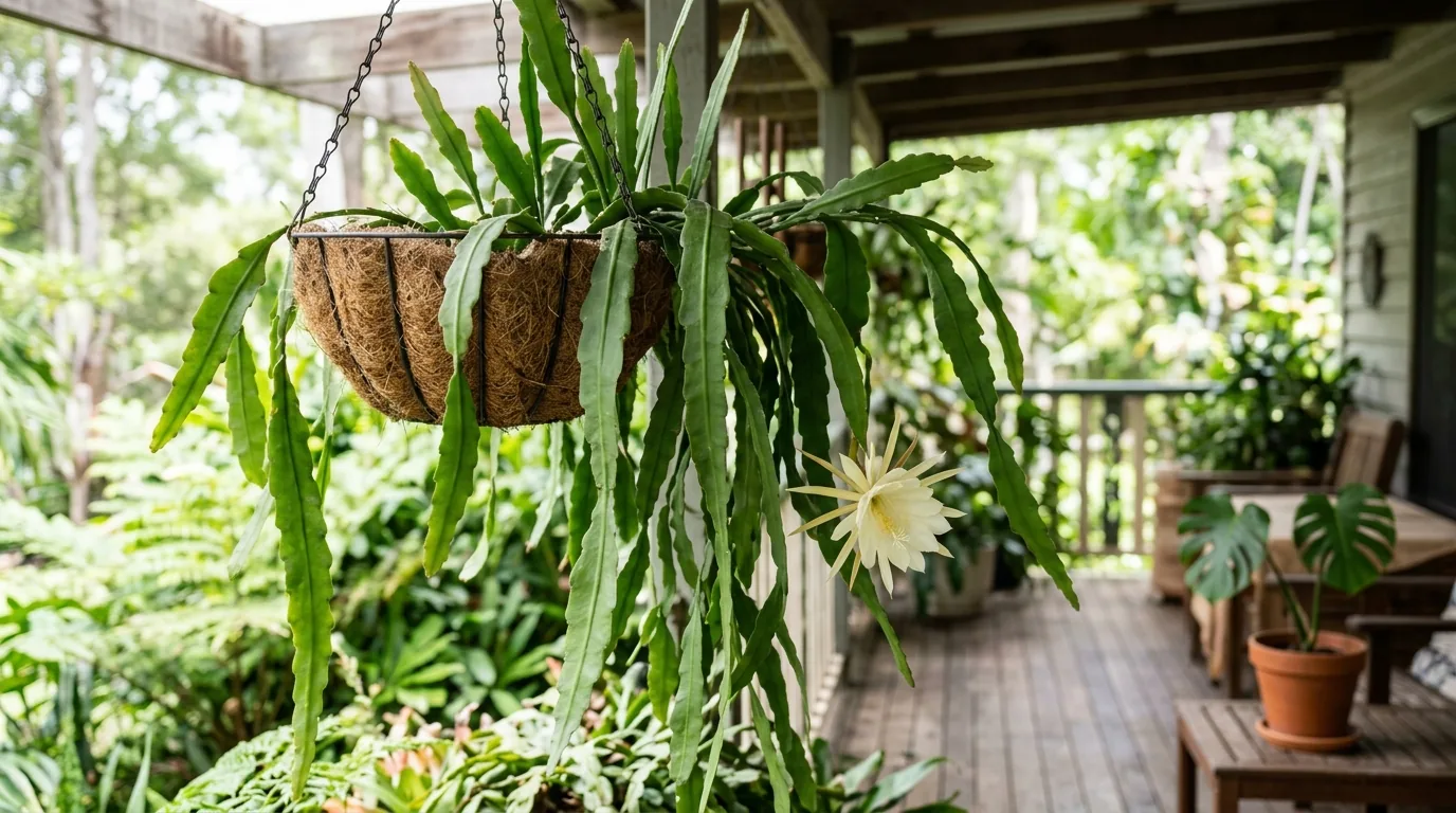 Cacto orquidea Epiphyllum pendente em cesta suspensa com luz indireta na varanda
