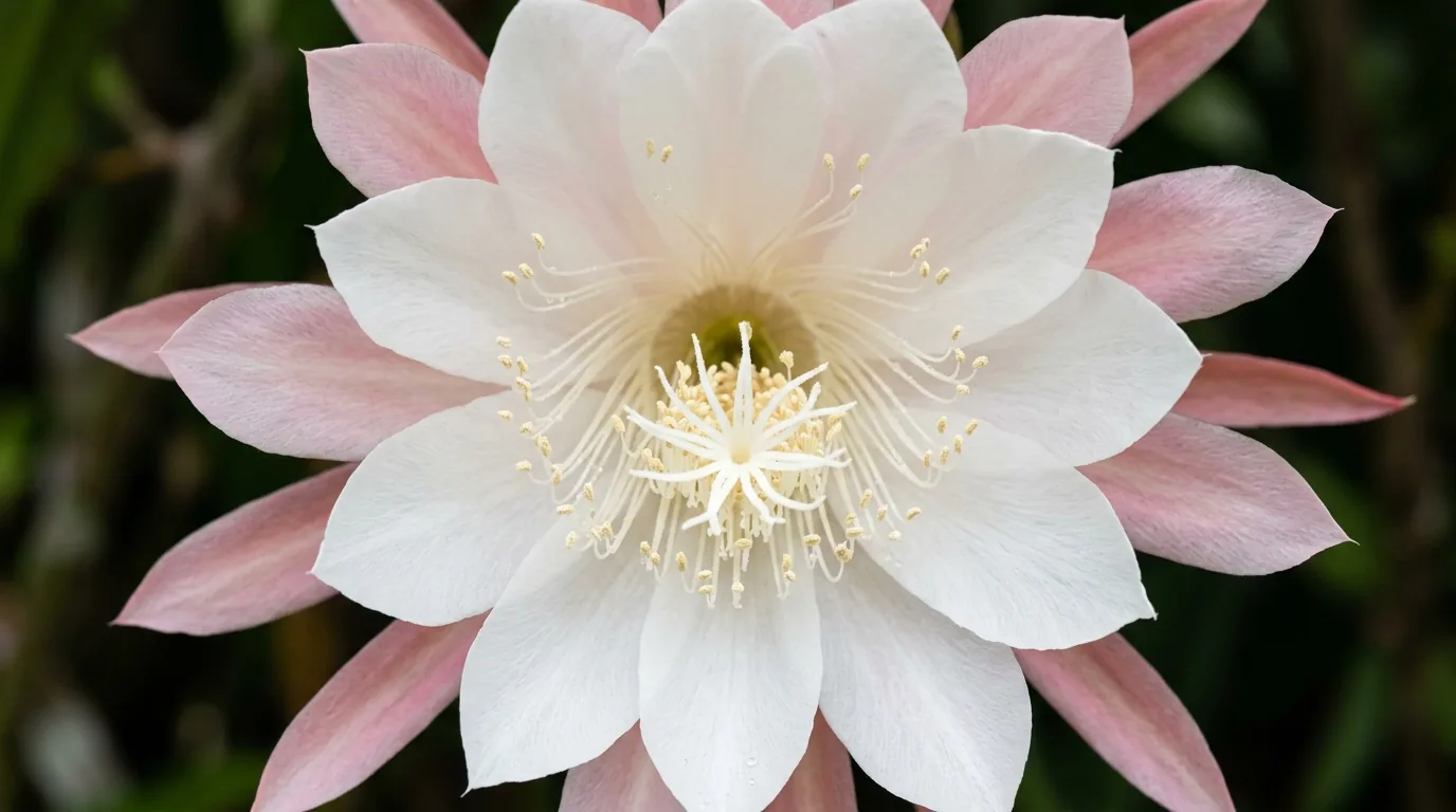 Close da flor gigante do cacto orquidea totalmente aberta em branco e rosa