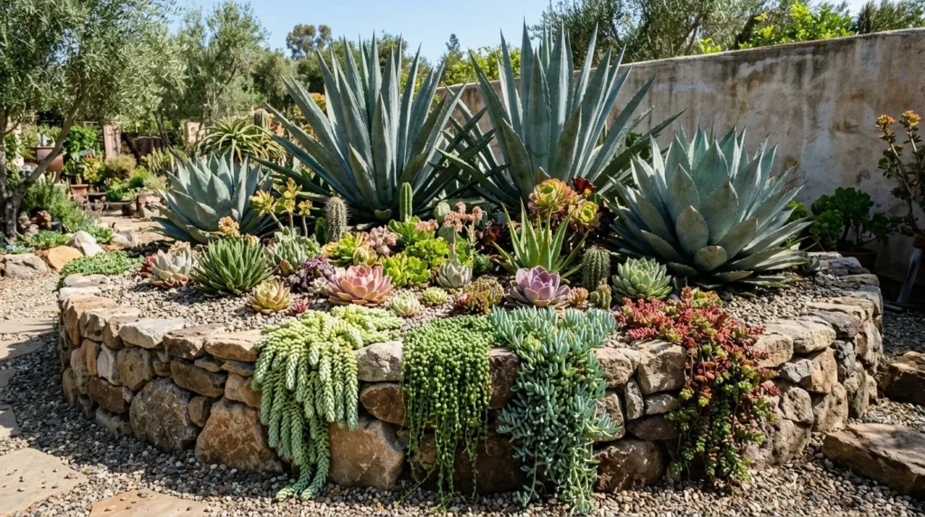 Canteiro de suculentas com borda de pedras, composto por altura, com agaves ao fundo e rasteiras na borda