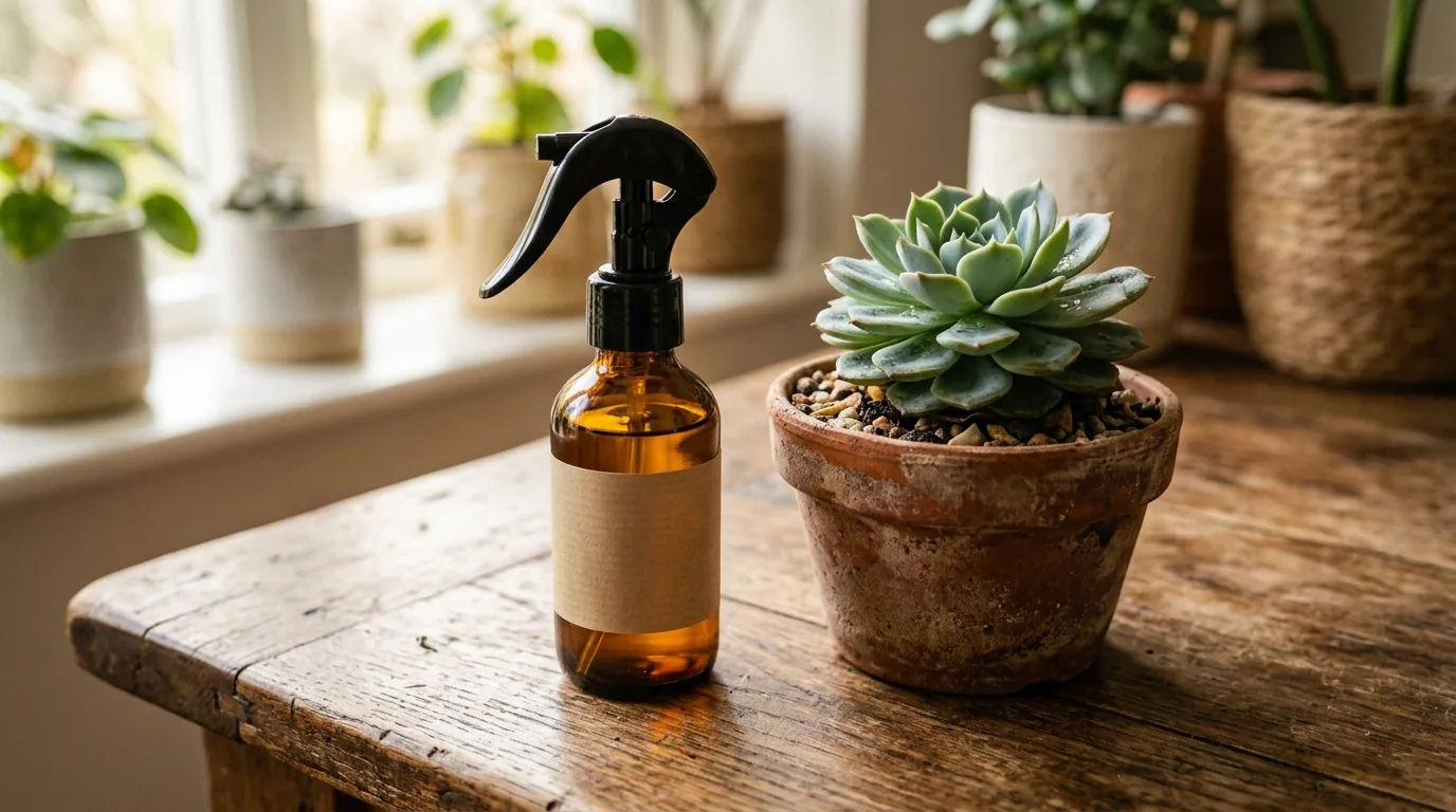 Frasco de oleo de neem ao lado de suculenta como tratamento natural contra pragas