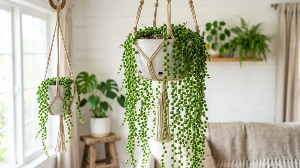 Colar de pérolas (Senecio rowleyanus) com longos cordões de bolinhas verdes caindo de um vaso suspenso