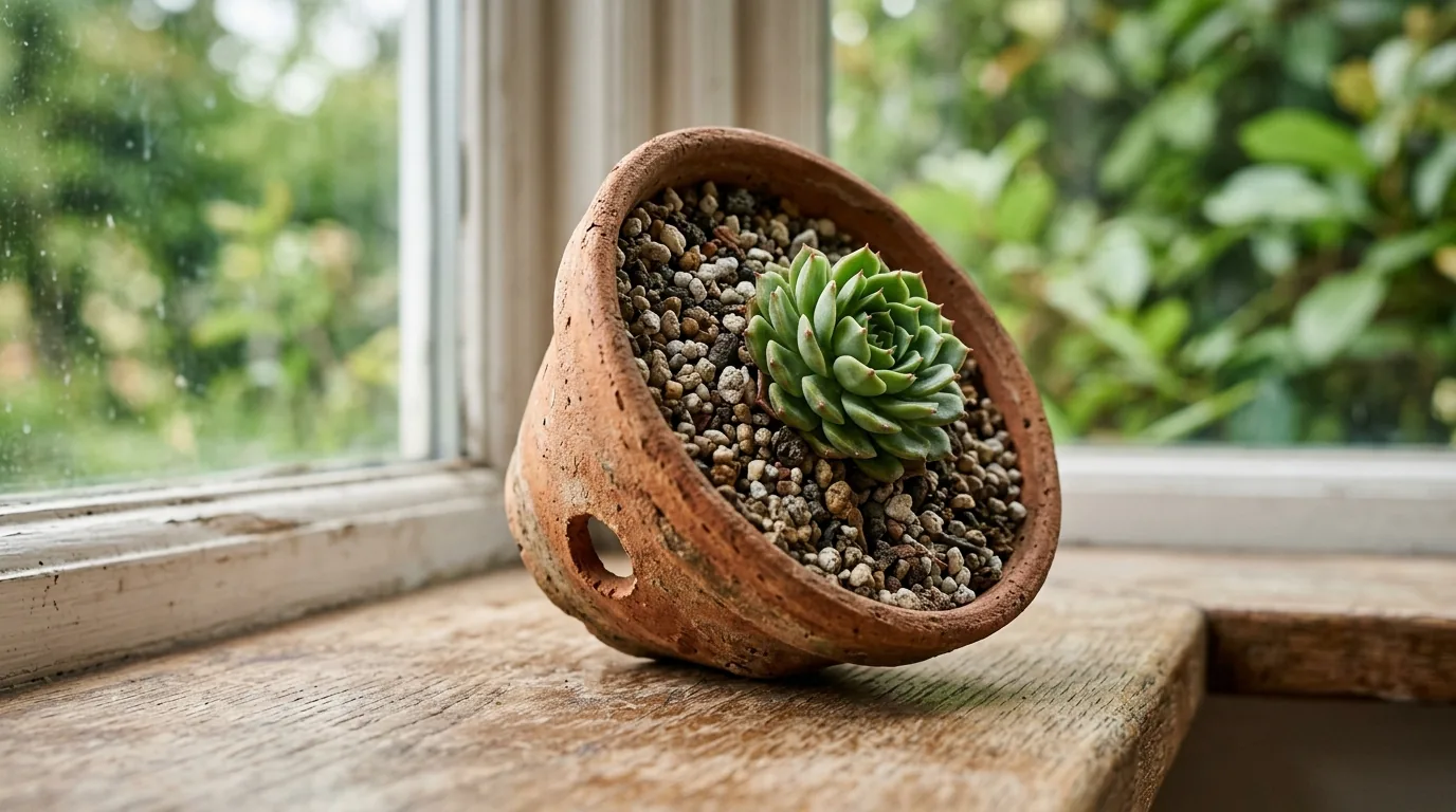 Vaso de terracota com furo de drenagem e substrato bem drenante para suculenta