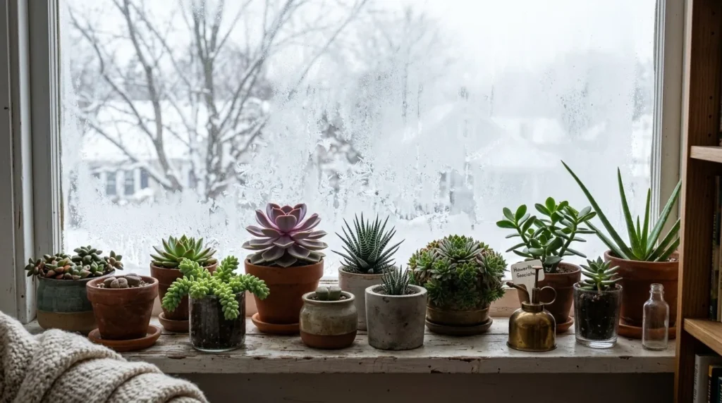 Suculentas num parapeito de janela sob a luz suave e fria do inverno, com vidro embaçado ao fundo
