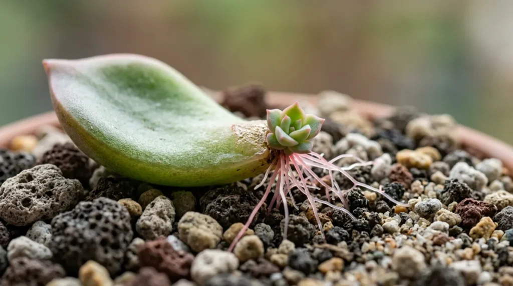 Folha de suculenta brotando raizes rosadas e uma mudinha nova sobre substrato mineral