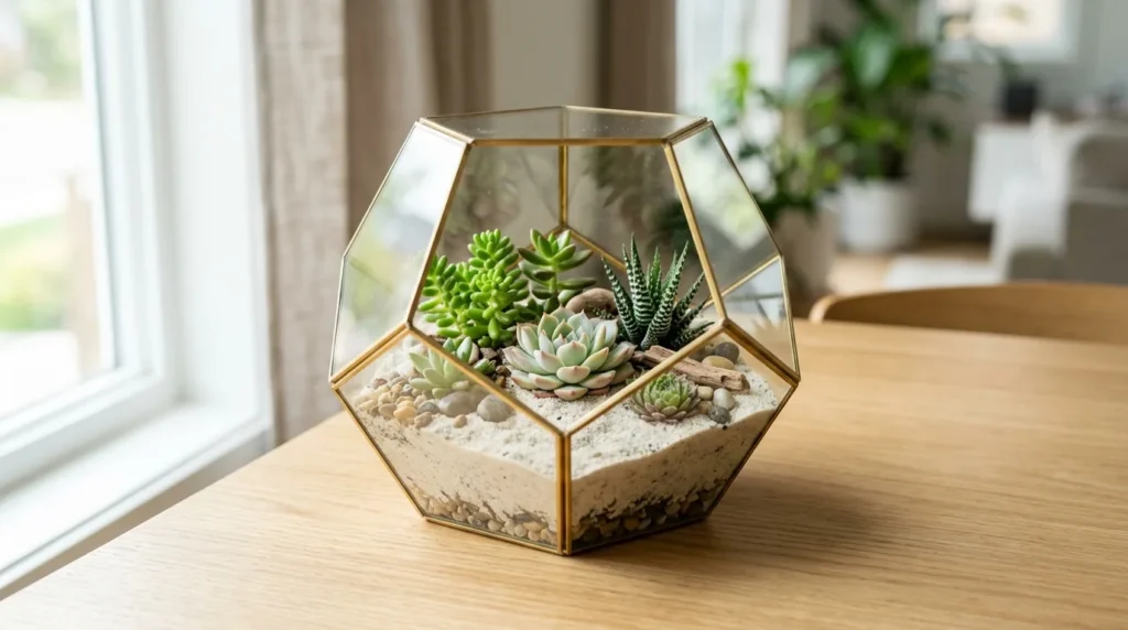 Terrario aberto de vidro geometrico com suculentas sobre a mesa