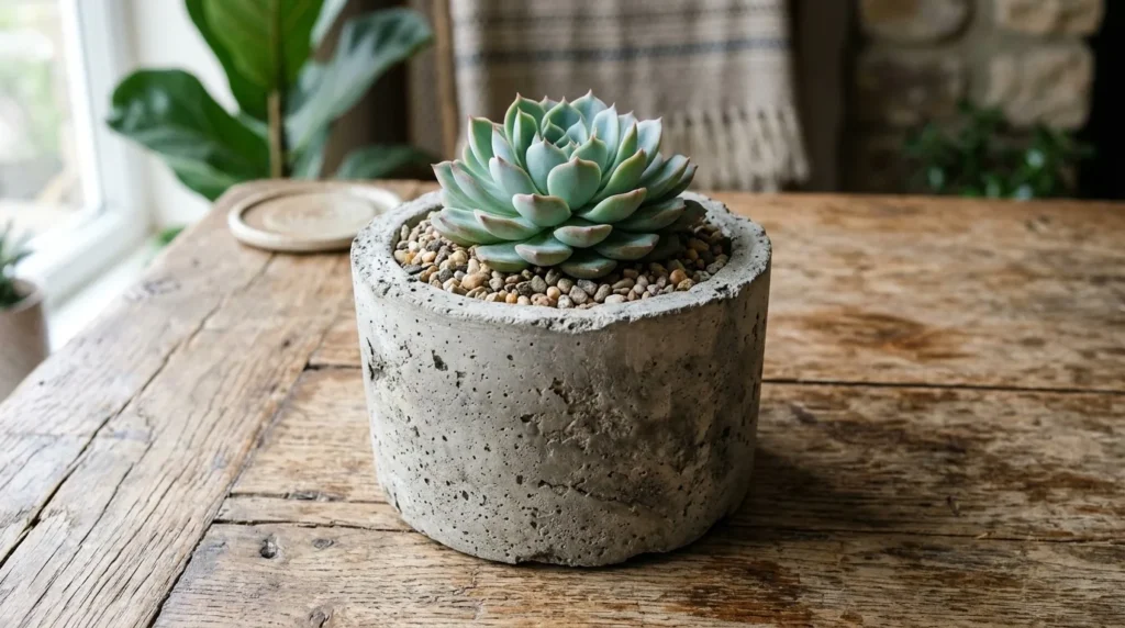 Vaso de cimento feito à mão com uma suculenta plantada e acabamento de pedrisco