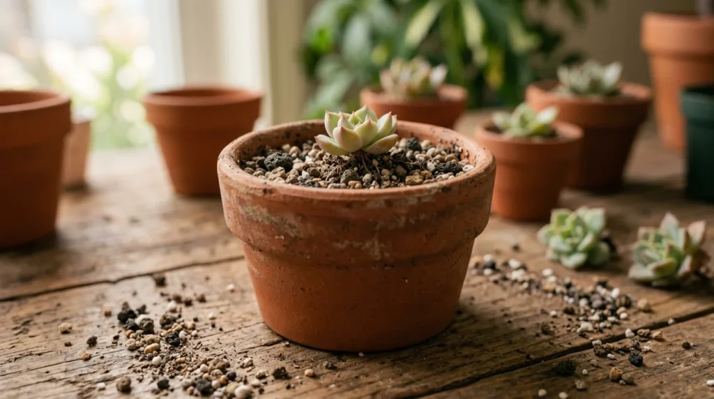 Mudinha de suculenta enraizada sendo plantada em vasinho de terracota com substrato drenante
