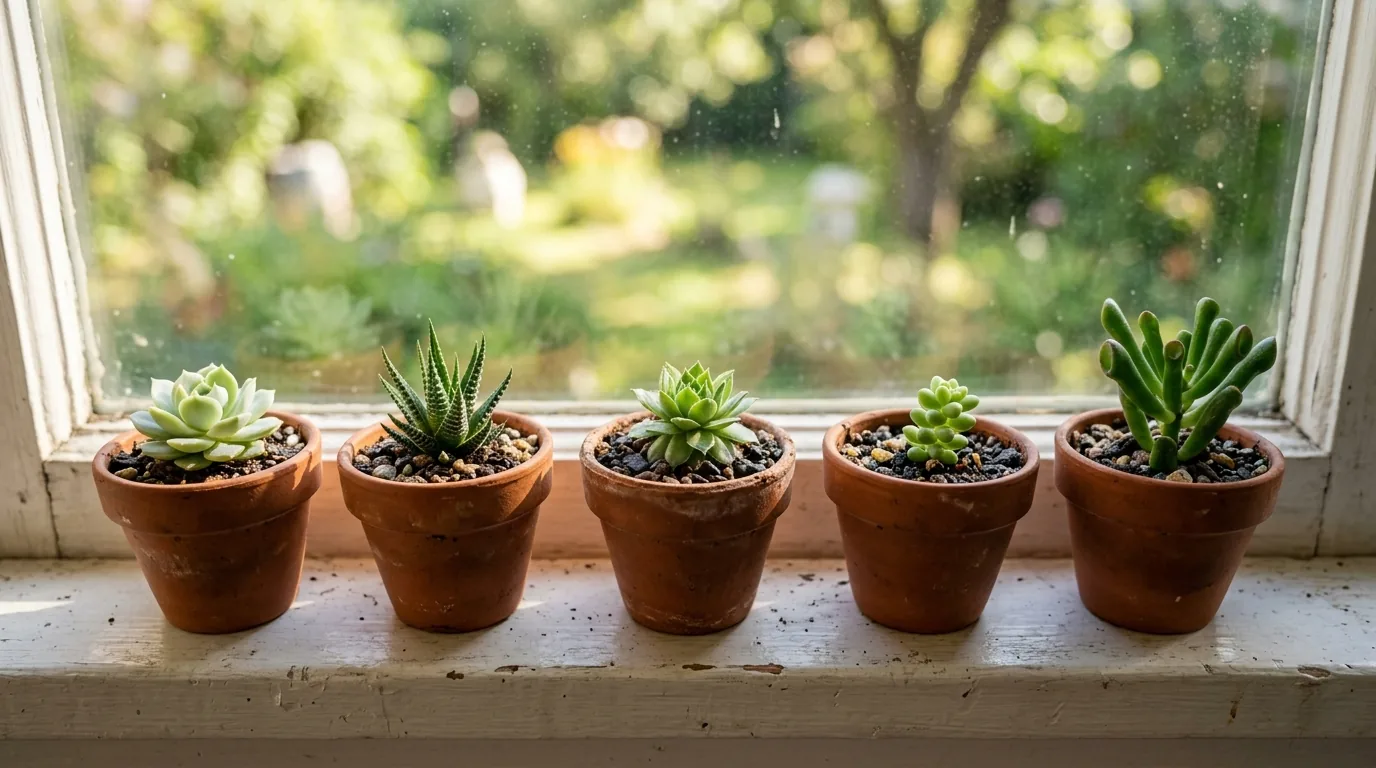 Varias mudas de suculenta recem-plantadas em vasinhos no peitoril se firmando