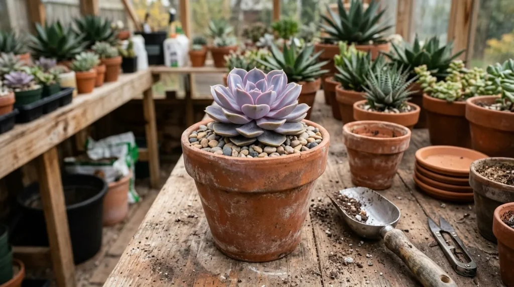 Suculenta recém-plantada num vaso de barro com substrato drenante e acabamento de pedrisco