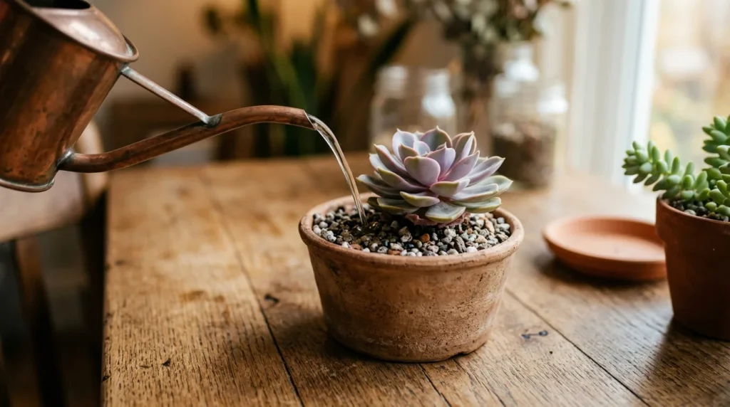 Regando suculenta com regador de bico fino molhando o substrato no vaso de terracota