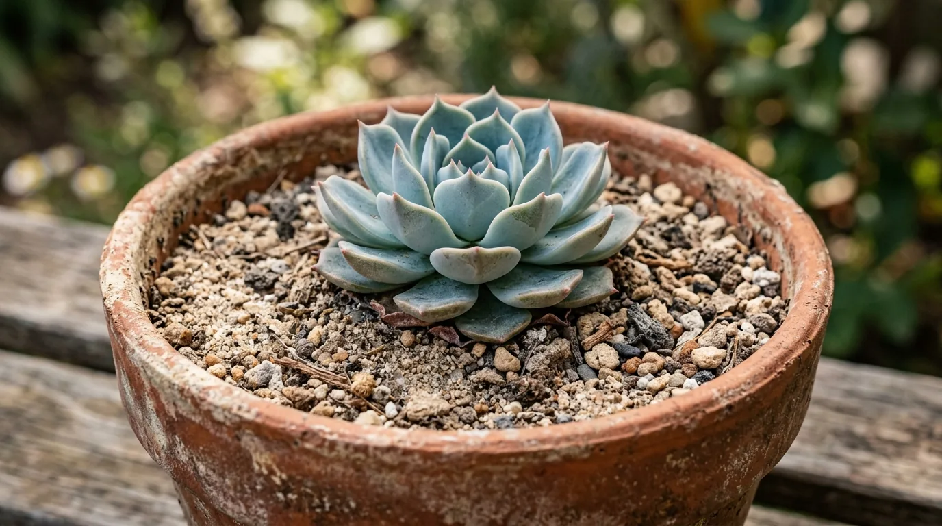 Echeveria em vaso de terracota com substrato seco pronto para a proxima rega