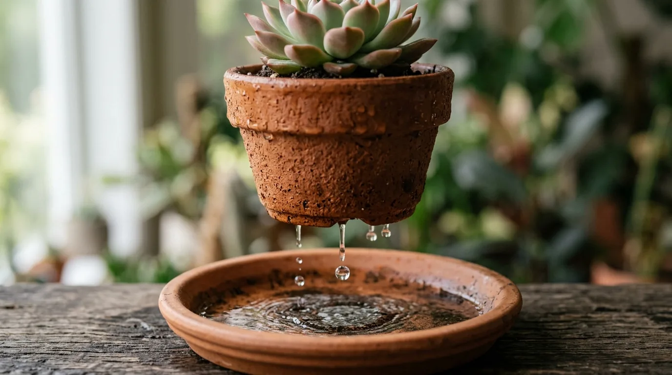Agua escorrendo pelo furo do vaso de terracota sobre o pratinho mostrando boa drenagem