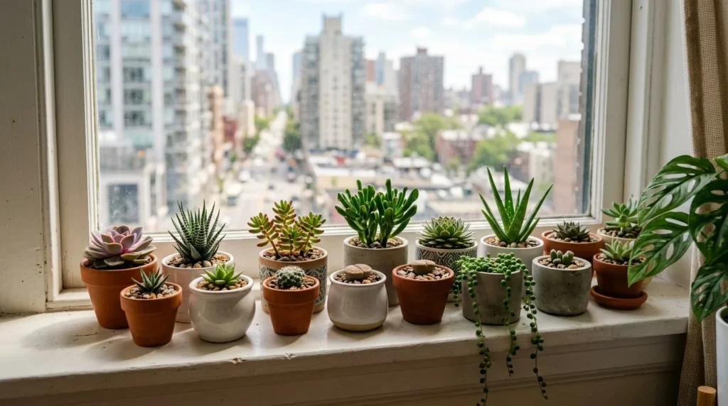 Suculentas variadas num parapeito claro de apartamento, com a cidade desfocada pela janela