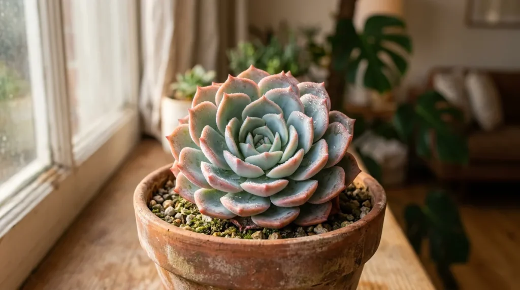 Suculenta echeveria com folhas verde-azuladas e bordas rosadas em vaso de terracota no parapeito de uma janela ensolarada