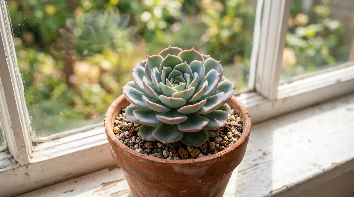 Roseta de echeveria azul-esverdeada com bordas rosadas em vaso de terracota no peitoril