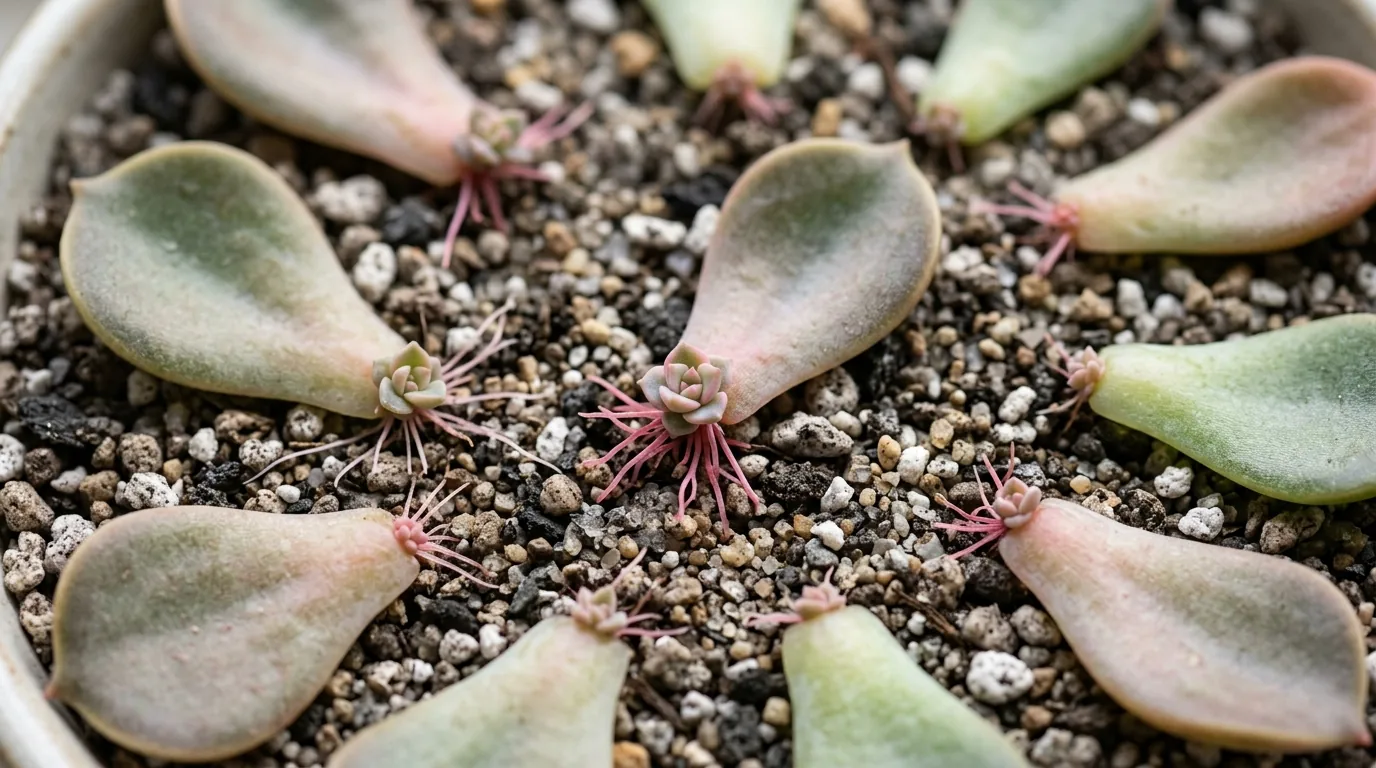 Folhas de echeveria enraizando com brotos de mudas em substrato mineral vistas de cima