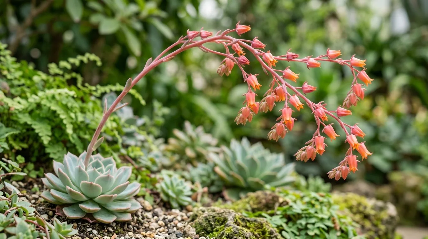 Haste floral arqueada de echeveria com pequenas flores em forma de sino alaranjadas