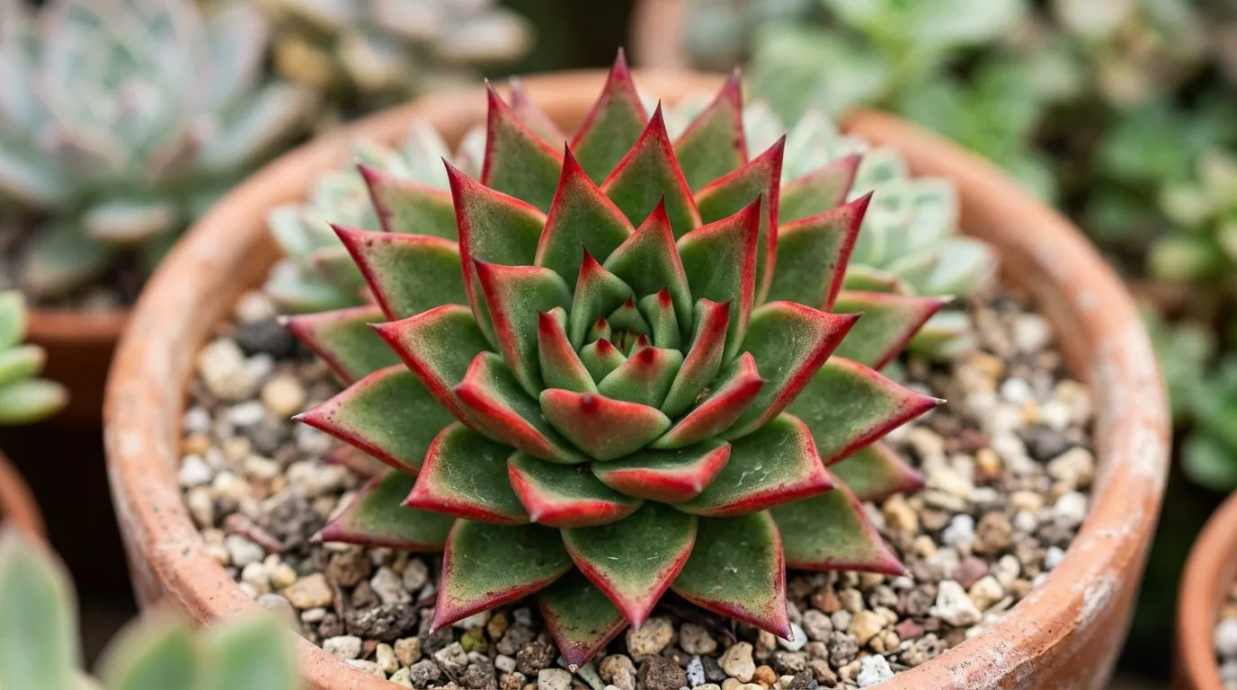 Close de uma roseta de echeveria com pontas vermelhas afiadas em formato de estrela