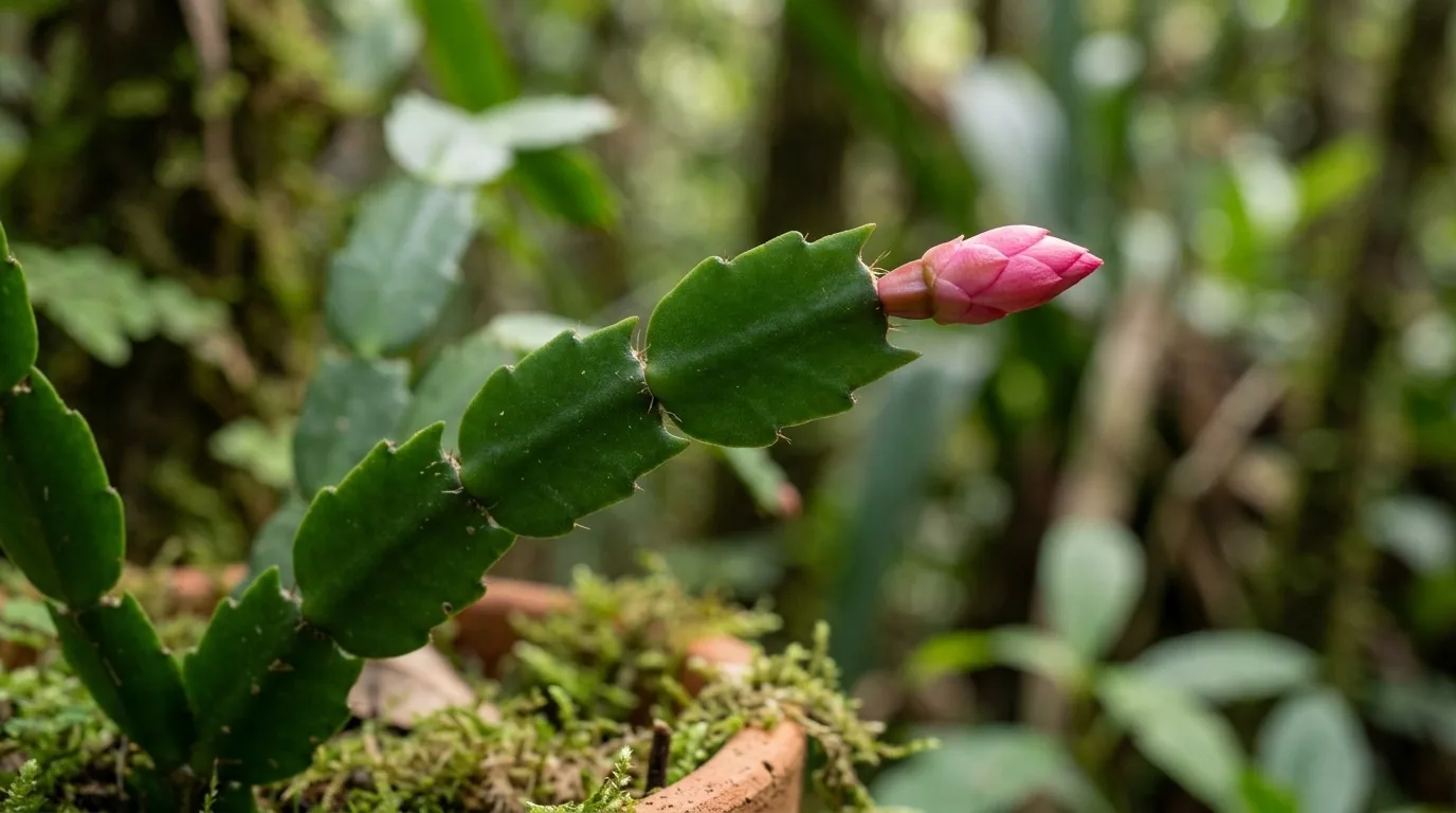 Close dos segmentos achatados da flor de maio com um botão de flor se formando na ponta