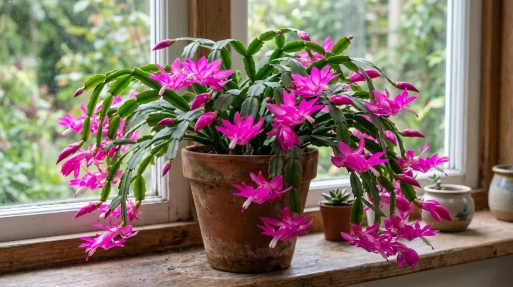 Flor de maio (Schlumbergera) florida com flores rosa-magenta em um parapeito à meia-luz