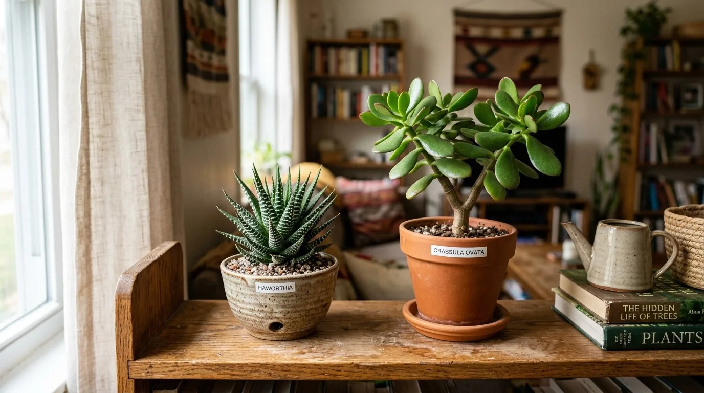 Haworthia e planta jade numa prateleira interna com luz indireta, espécies tolerantes à sombra