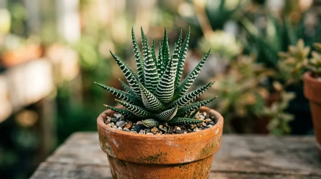 Haworthia planta zebra com folhas verdes escuras e listras brancas em vaso de terracota