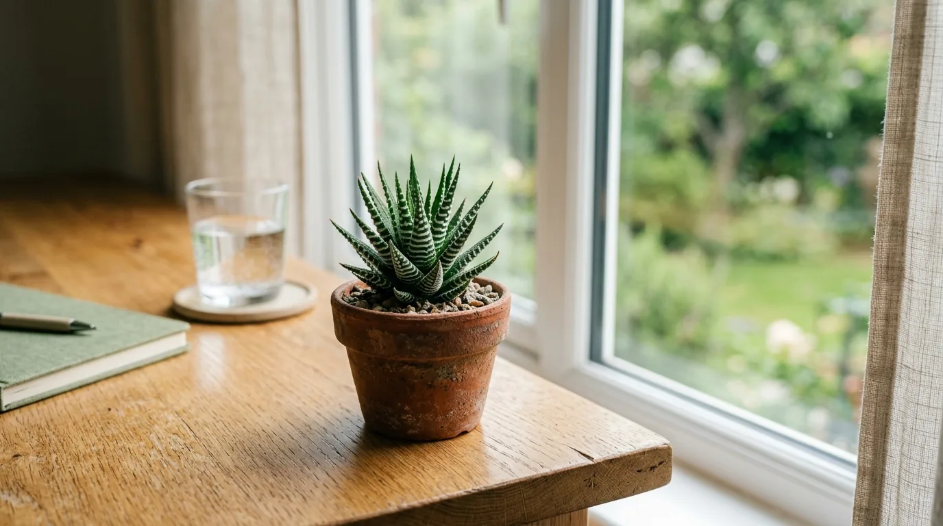 Planta zebra haworthia sobre a mesa em luz indireta suave perto da janela