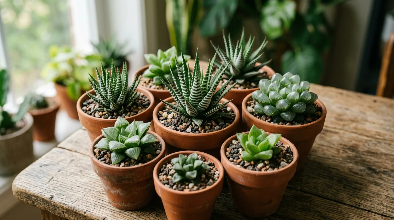 Variedades de haworthia em vasinhos de terracota mostrando formas diferentes