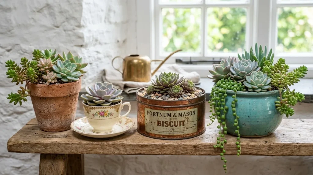 Grupo criativo de suculentas plantadas em vasos variados: barro, cerâmica, xícara e lata