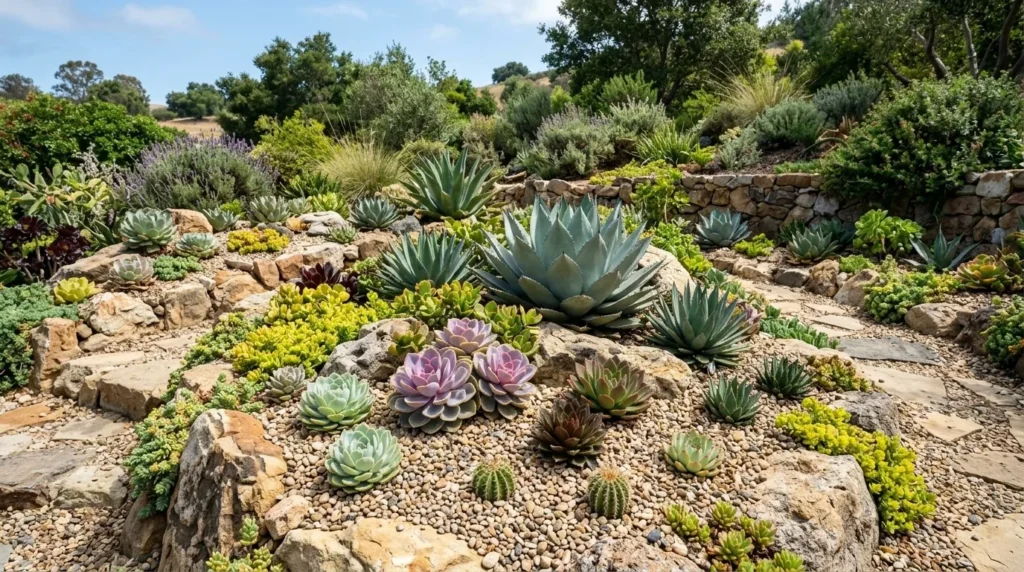 Jardim de suculentas plantado no chão ao ar livre, com echeverias, seduns e agaves e cobertura de pedrisco