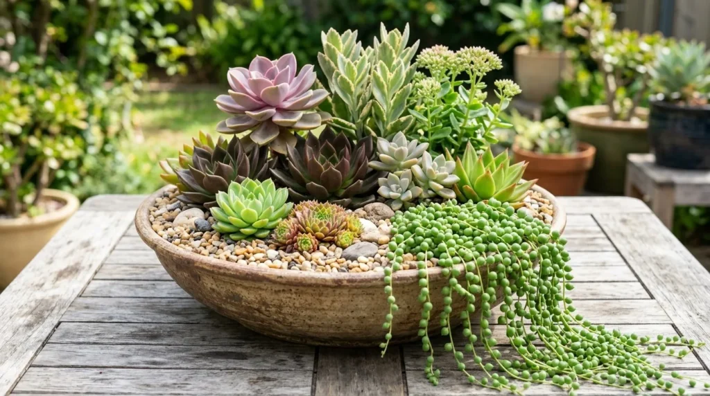 Jardim de suculentas montado em um vaso largo e raso, com várias espécies compondo alturas e cores