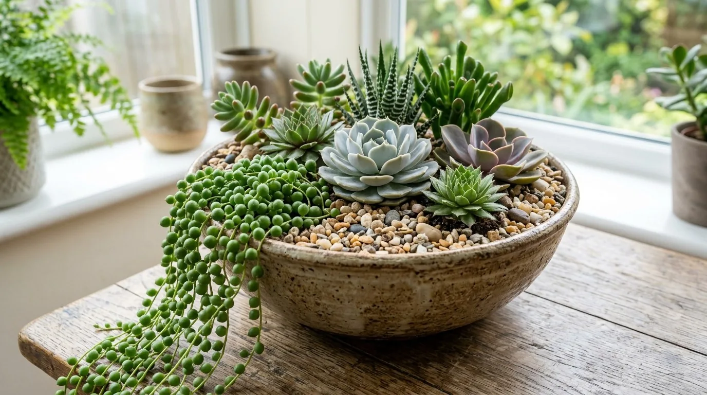 Jardim de suculentas em vaso finalizado com pedrisco e um colar de pérolas transbordando a borda