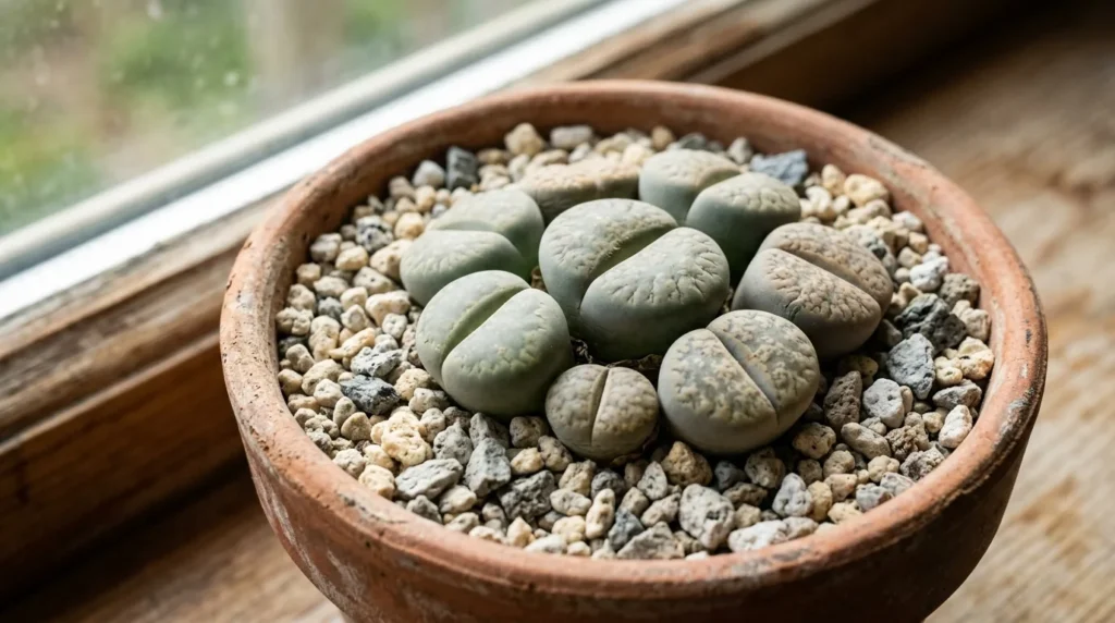 Lithops pedra viva em vaso de terracota com substrato mineral em peitoril iluminado