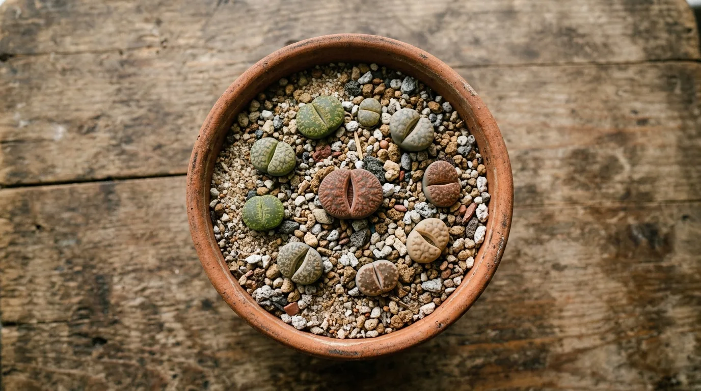 Vaso com lithops em substrato mineral bem drenante de areia grossa e pedrisco visto de cima