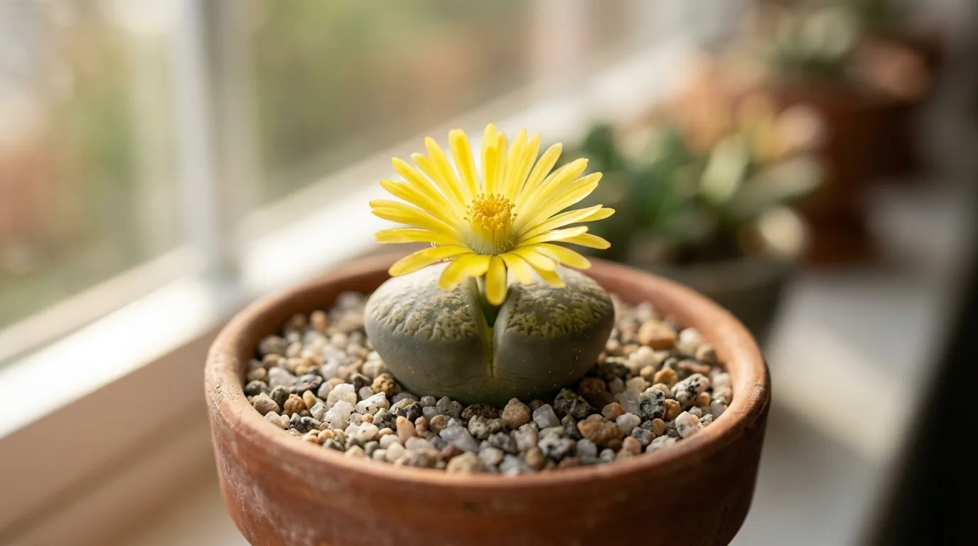 Lithops pedra viva florindo com flor amarela saindo da fenda entre as folhas