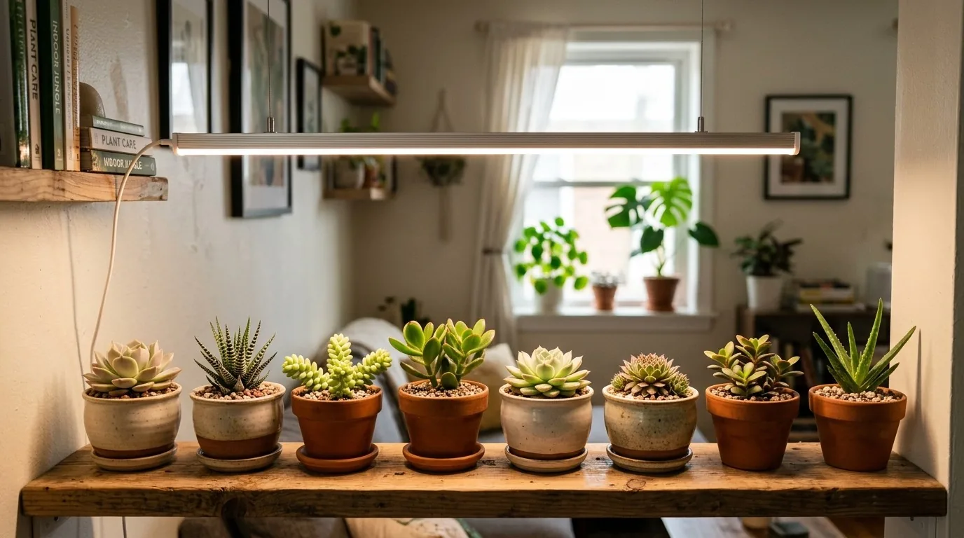 Lâmpada de cultivo iluminando pequenas suculentas numa estante interna sem sol natural