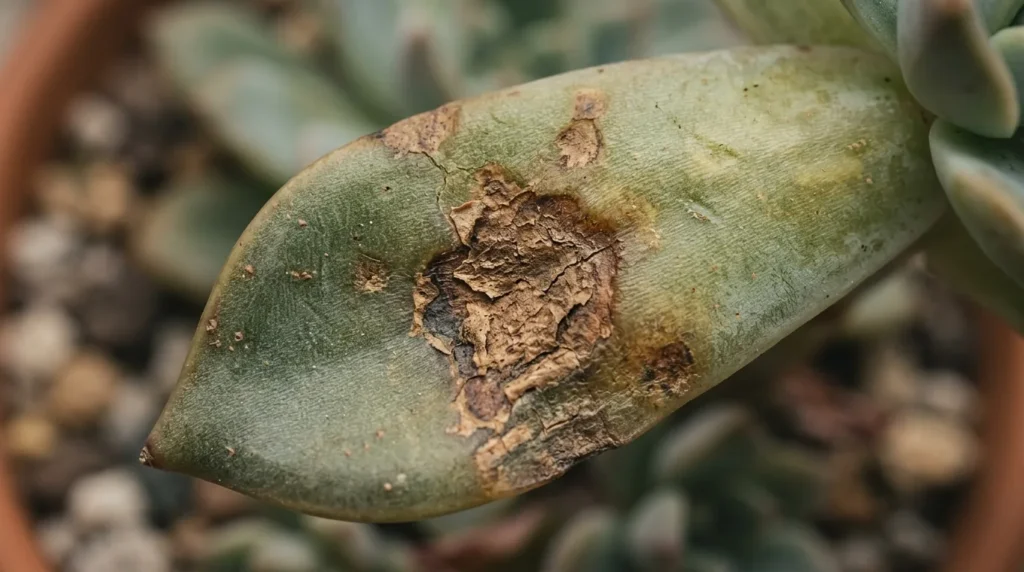 Folha de suculenta com manchas marrons secas de queimadura de sol