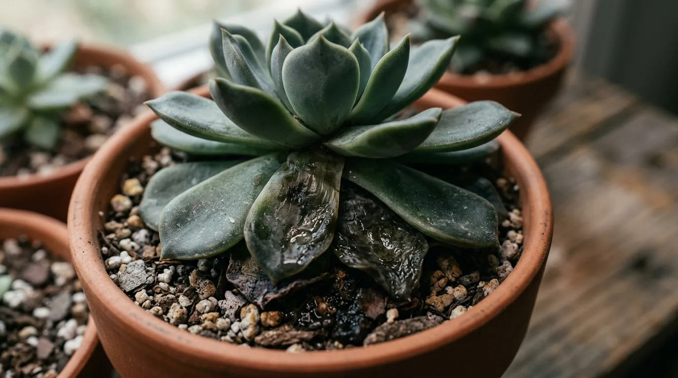Suculenta com manchas escuras e moles nas folhas inferiores por excesso de agua