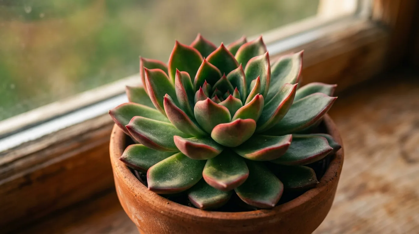 Suculenta saudavel com bordas avermelhadas das folhas indicando bom sinal de sol