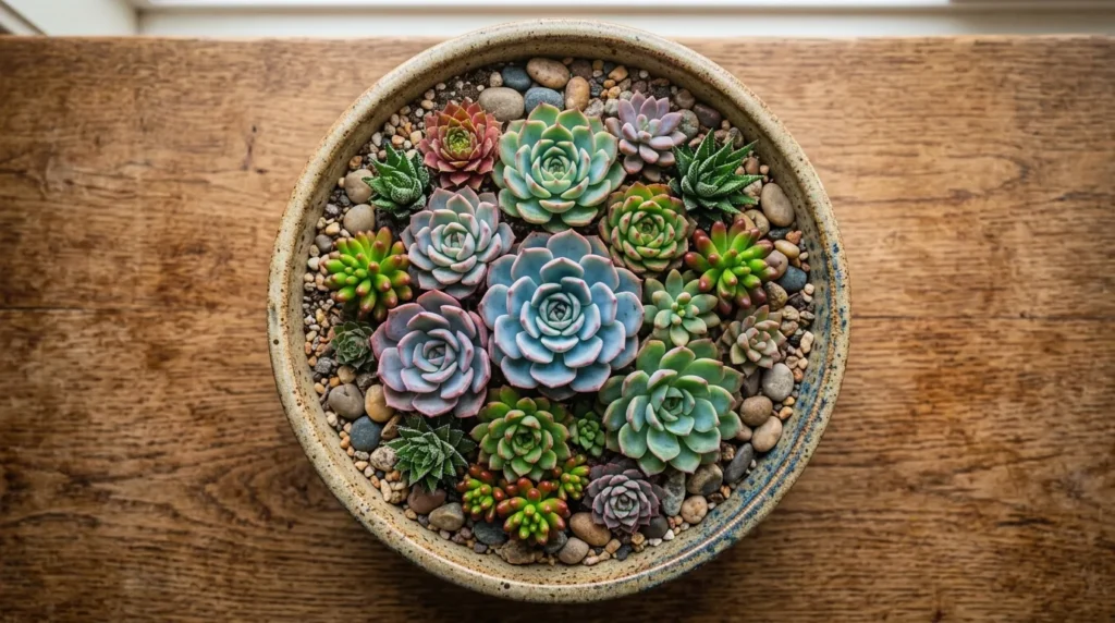 Mini jardim de suculentas em tigela rasa com rosetas coloridas variadas visto de cima