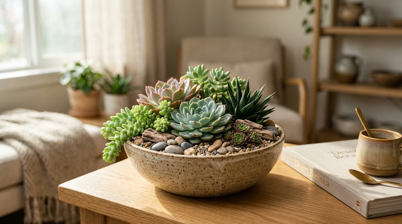 Arranjo pronto de mini jardim de suculentas como decoracao numa mesa