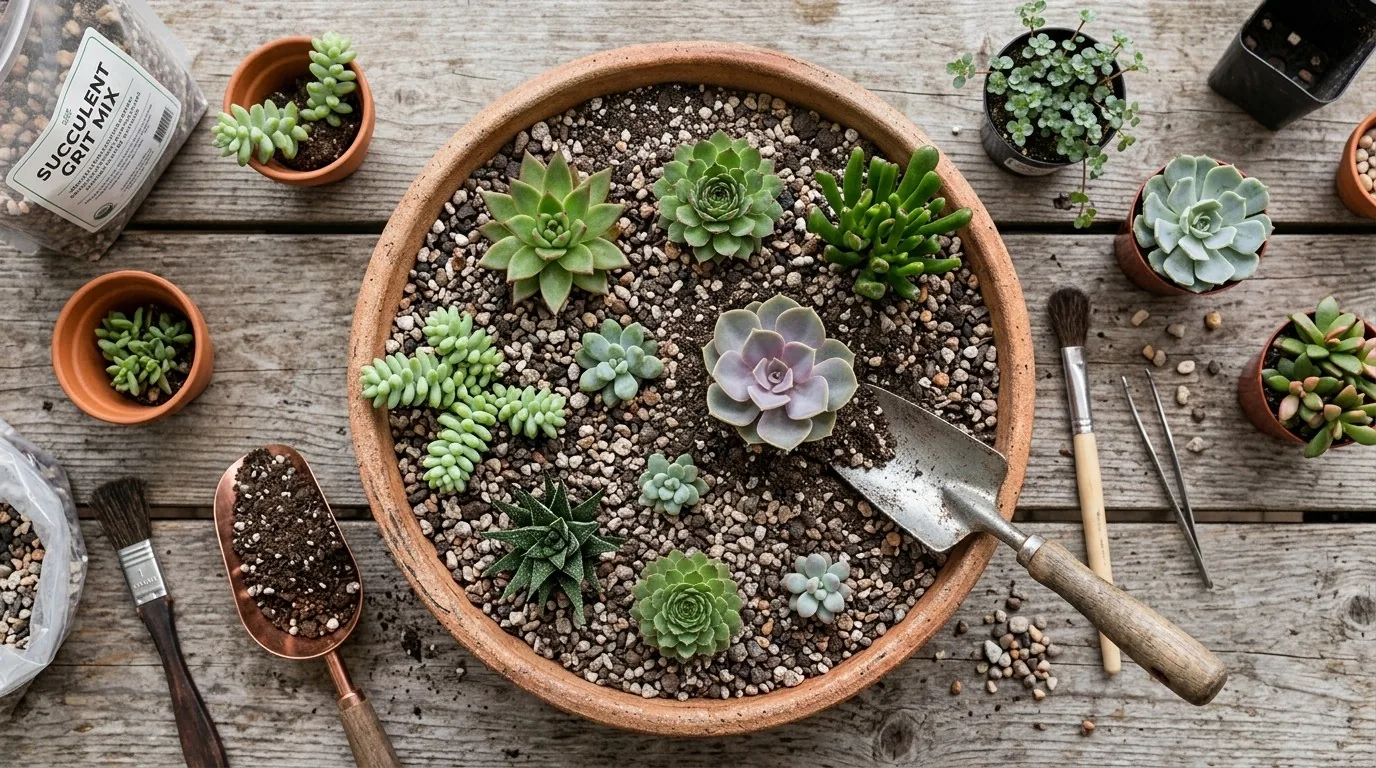 Montagem de um jardim de suculentas em vaso raso, visto de cima, com as mudas sendo dispostas