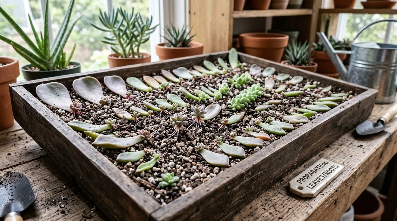 Bandeja de propagação com folhas de suculenta germinando pequenos brotos