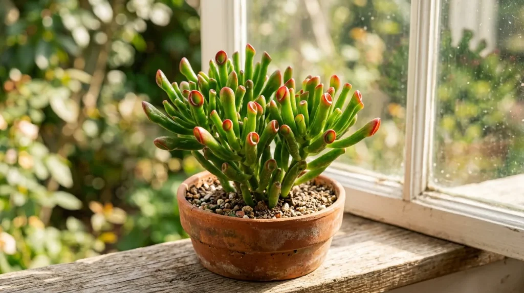 Orelha de shrek Crassula Gollum saudavel com folhas tubulares e pontas vermelhas em vaso de terracota
